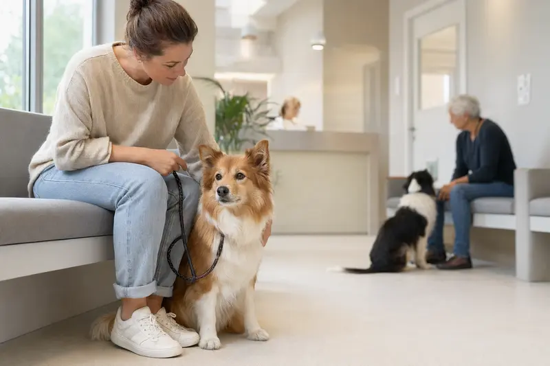 Isländischer Spitz sitzt ruhig neben seinem Besitzer im hellen Wartezimmer einer modernen Tierarztpraxis.
